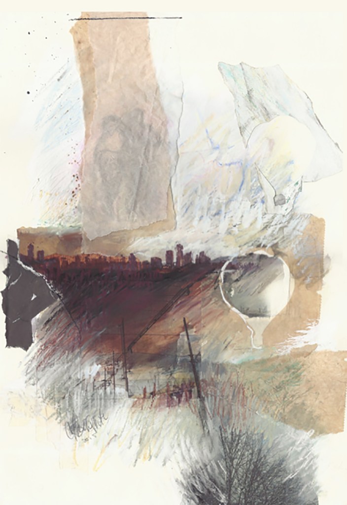 Mixed media-pastel, ink, pencil, collage.