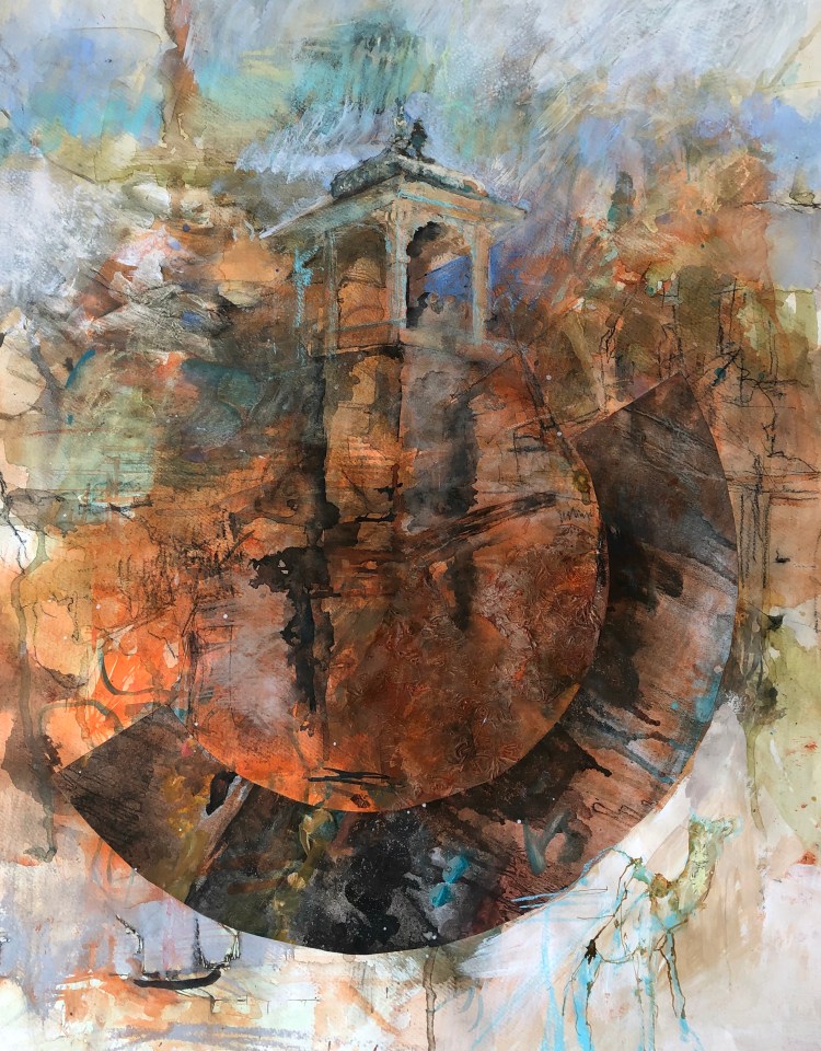 Delhi musings II (2019) mixed media on paper (ink, pencil, pastel, collage) 470x630mm