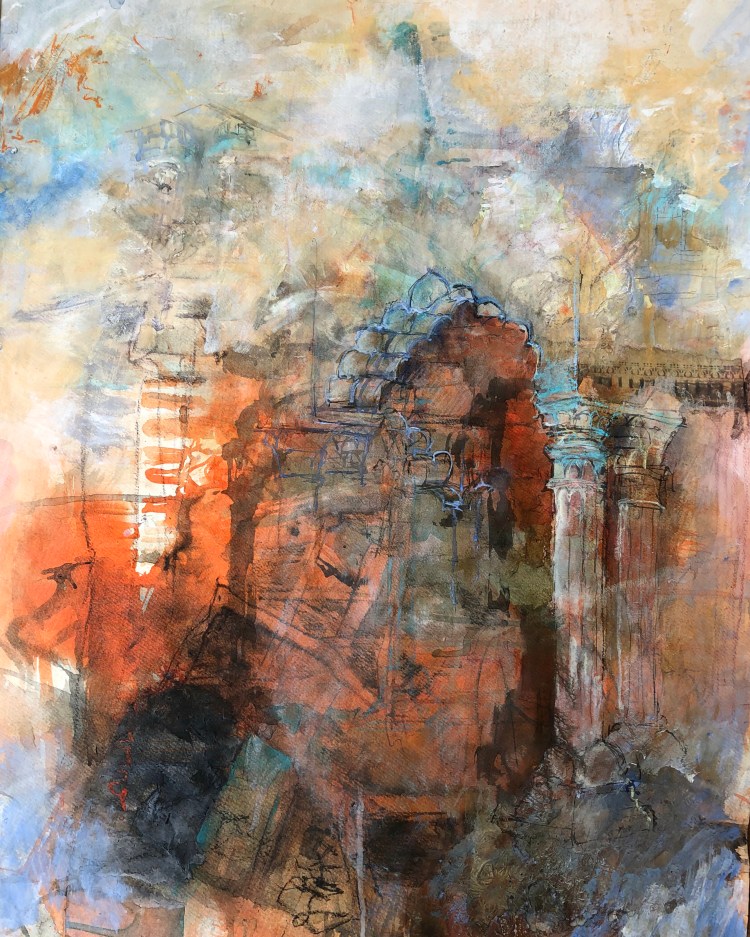 Delhi musings I (2019) mixed media on paper (ink, pencil, pastel, collage) 470x630mm
